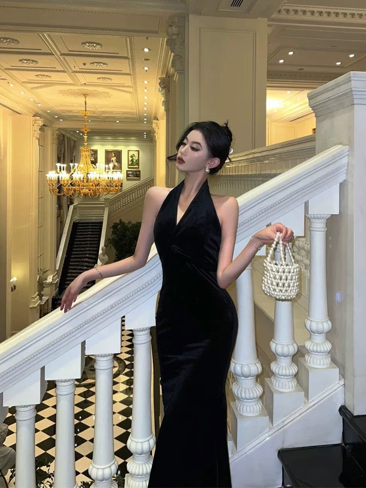 Sexy Sheath Halter Sleeveless Black Velvet Tea Length Prom Dresses Birthday Outfits