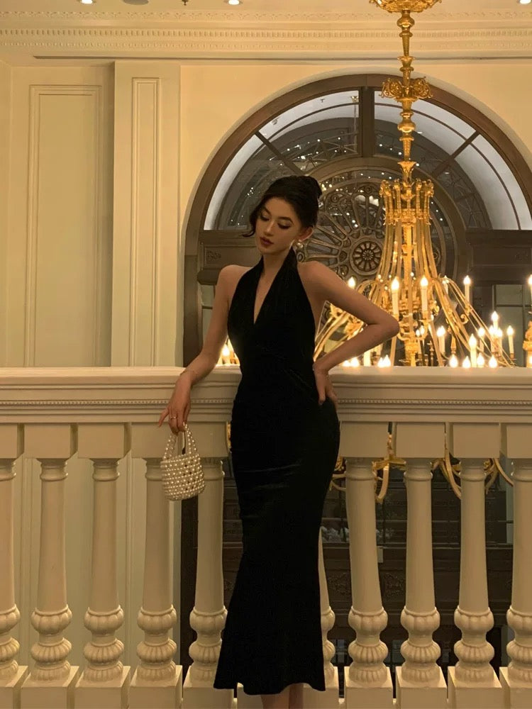 Sexy Sheath Halter Sleeveless Black Velvet Tea Length Prom Dresses Birthday Outfits