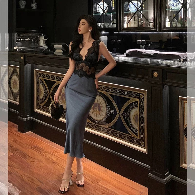 Sexy Sheath V Neckline Sleeveless Navy Blue Tea Length Prom Dresses Birthday Outfits