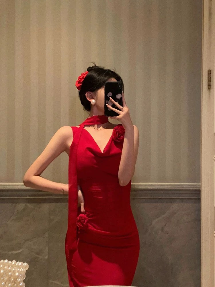 Pretty Sheath Straps Sleeveless Floral Date Night Dress Red Prom Dresses Birthday Outfits