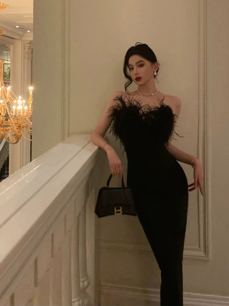 Sexy Sheath Strapless Black Satin Feather Prom Dresses Birthday Outfits