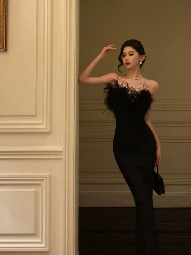 Sexy Sheath Strapless Black Satin Feather Prom Dresses Birthday Outfits
