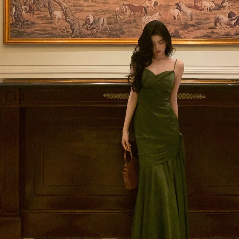 Sexy Mermaid Spaghetti Straps Olive Green Satin Long Prom Dresses Birthday Outfit
