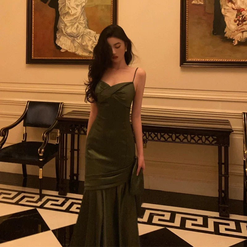Sexy Mermaid Spaghetti Straps Olive Green Satin Long Prom Dresses Birthday Outfit