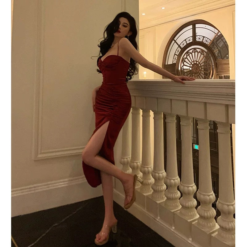 Gorgeous Sheath Spaghetti Straps Red Sleeveless Velvet Date Night Dress Prom Dresses Birthday Outfit