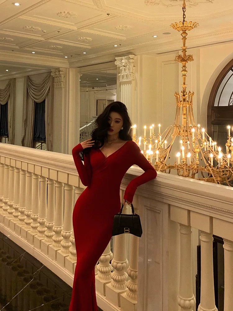 Gorgeous Mermaid V Neckline Long Sleeves Red Date Night Dress Prom Dresses Birthday Outfit