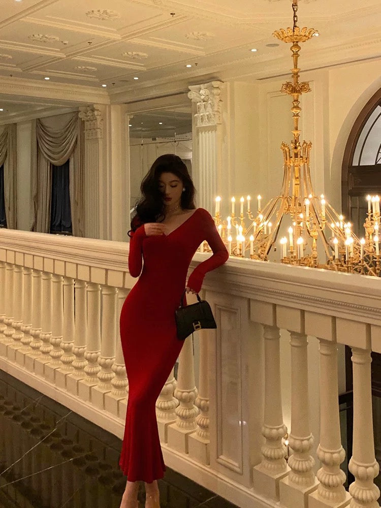 Gorgeous Mermaid V Neckline Long Sleeves Red Date Night Dress Prom Dresses Birthday Outfit