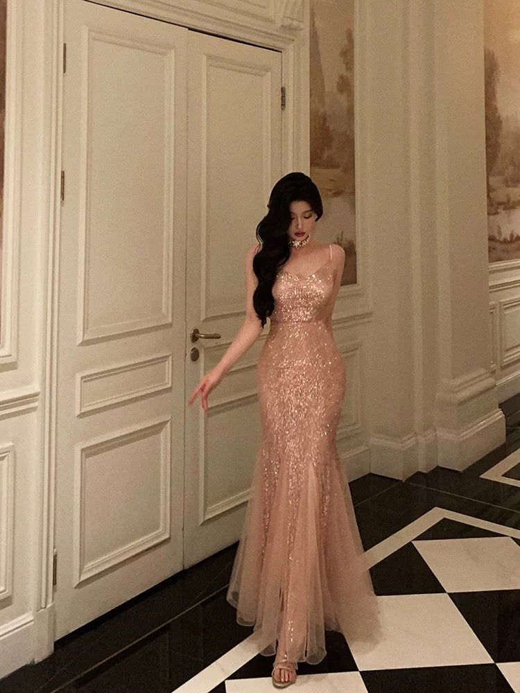 French Mermaid Spaghetti Straps Sequin Sleeveless Long Prom Dresses Birthday Outfits