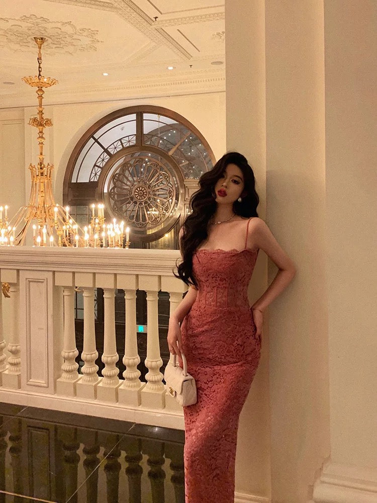 French Sheath Spaghetti Straps Pink Sleeveless Lace Prom Dresses Birthday Outfits