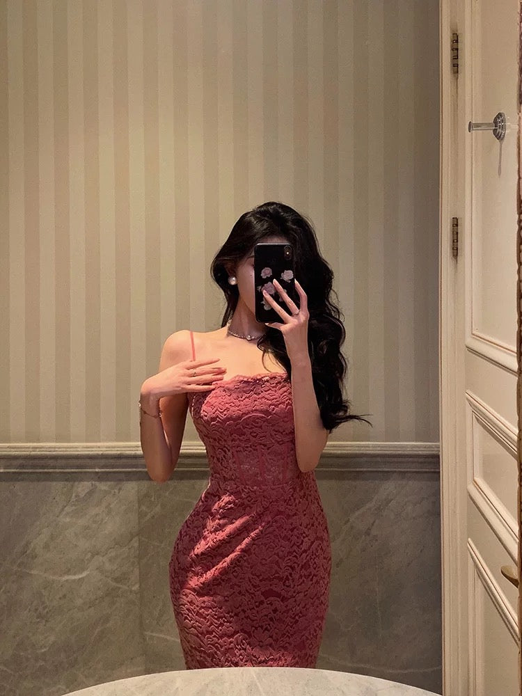 French Sheath Spaghetti Straps Pink Sleeveless Lace Prom Dresses Birthday Outfits