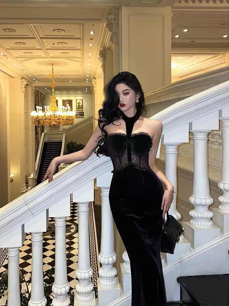 French Sheath High Neckline Black Velvet Long Prom Dresses Birthday Outfits