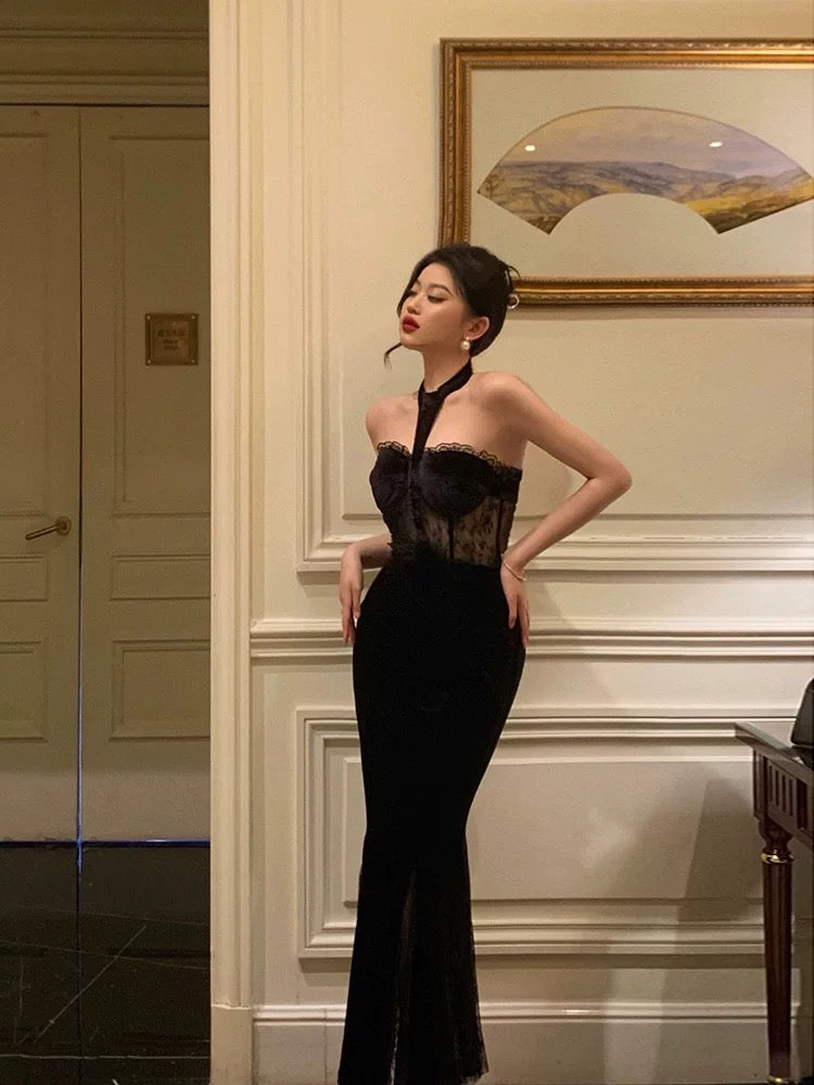 French Sheath High Neckline Black Velvet Long Prom Dresses Birthday Outfits