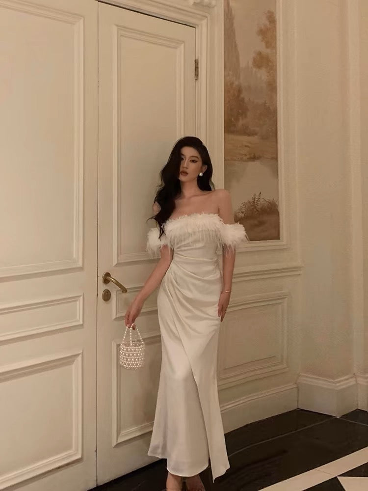 French Sheath Off The Shoulder White Satin Slit Prom Dresses Birthday Outfits