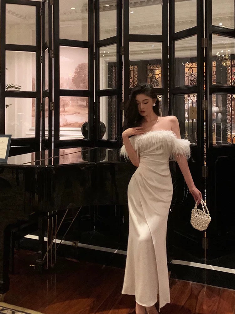 French Sheath Off The Shoulder White Satin Slit Prom Dresses Birthday Outfits