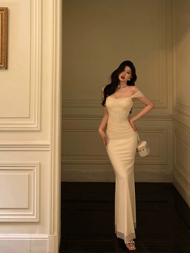 French Sheath Straps Ivory Long Tulle Prom Dresses Birthday Outfits