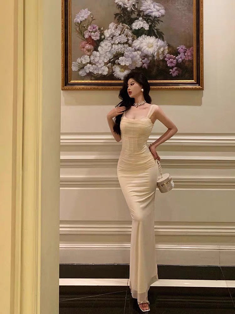 French Sheath Straps Ivory Long Tulle Prom Dresses Birthday Outfits