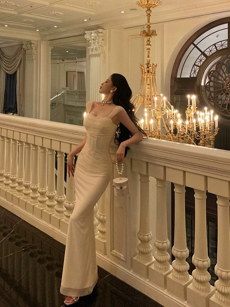 French Sheath Straps Ivory Long Tulle Prom Dresses Birthday Outfits