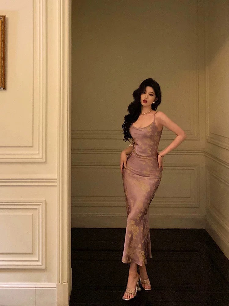 French Sheath Spaghetti Straps Lilac Satin Prom Dresses Birthday Outfits