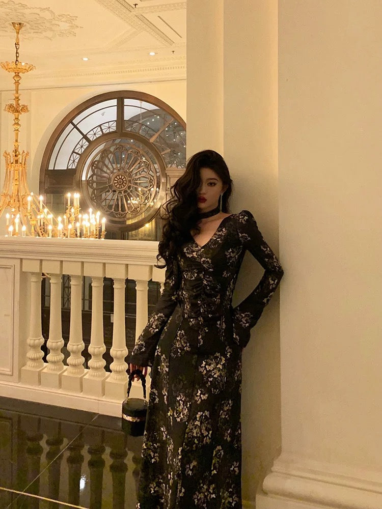 Pretty French A line Long Sleeves V Neckline Black Floral Prom Dresses Birthday Outfits