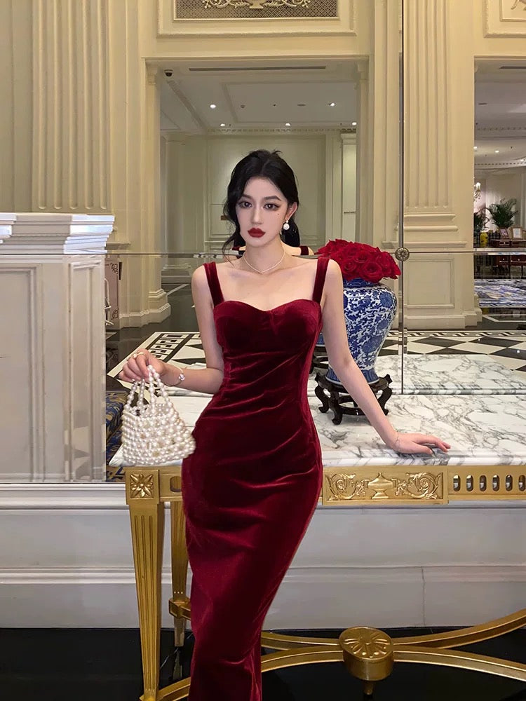 Simple Sheath Straps Burgundy Velvet Date Night Dress Prom Dresses Birthday Outfit