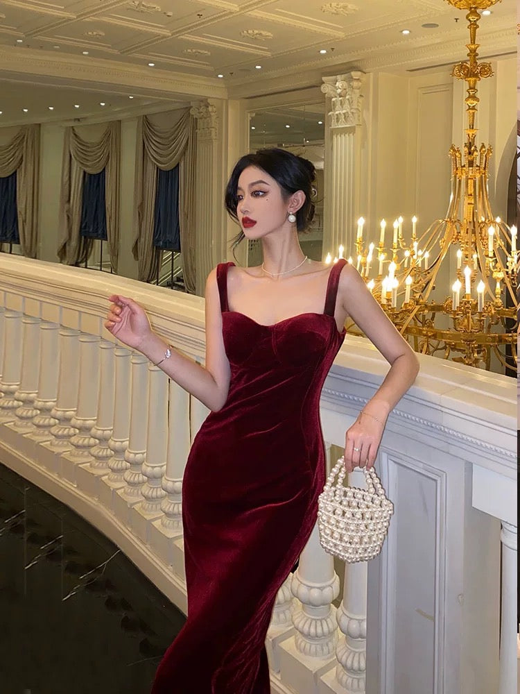 Simple Sheath Straps Burgundy Velvet Date Night Dress Prom Dresses Birthday Outfit