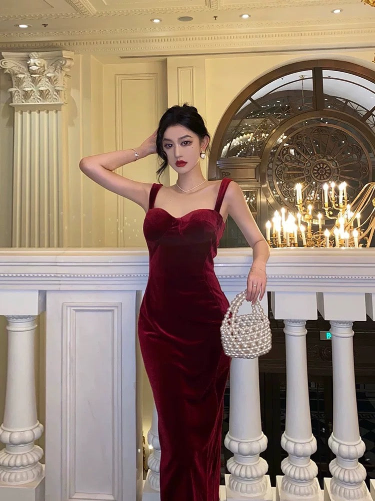 Simple Sheath Straps Burgundy Velvet Date Night Dress Prom Dresses Birthday Outfit