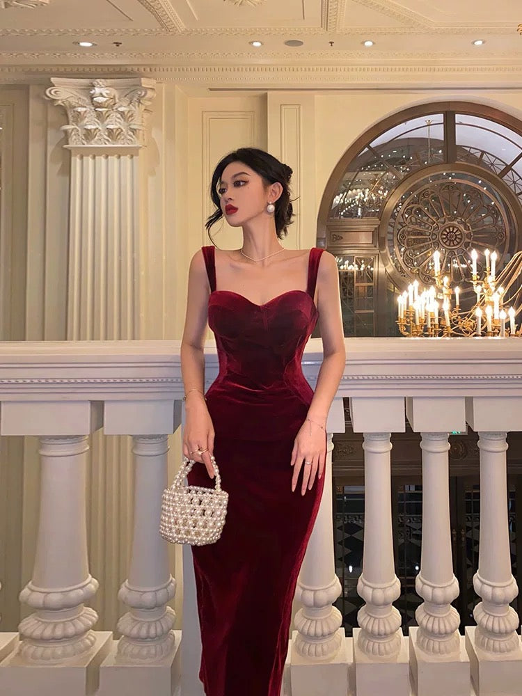 Simple Sheath Straps Burgundy Velvet Date Night Dress Prom Dresses Birthday Outfit