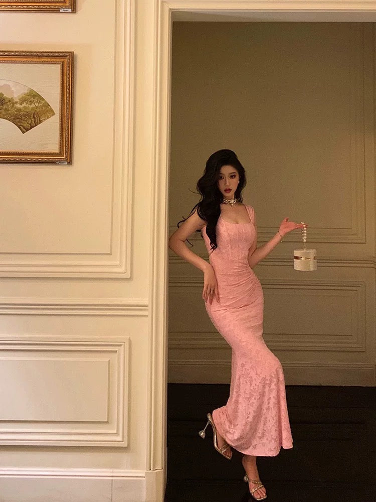 Sexy Sheath Square Neckline Pink Lace Prom Dresses Birthday Outfits