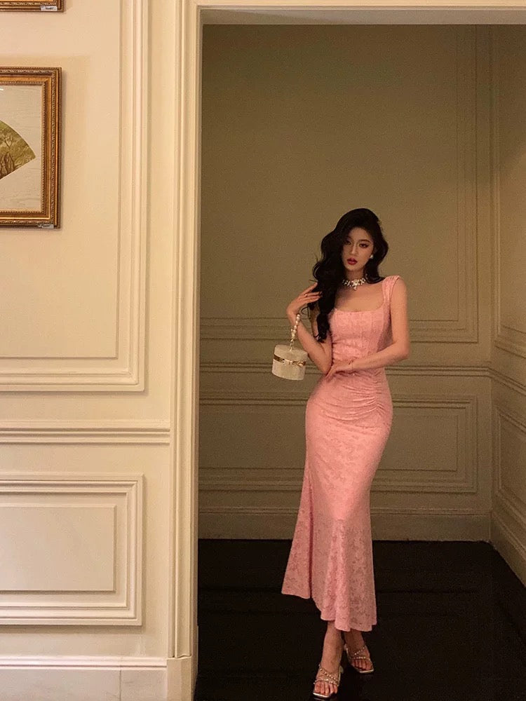 Sexy Sheath Square Neckline Pink Lace Prom Dresses Birthday Outfits