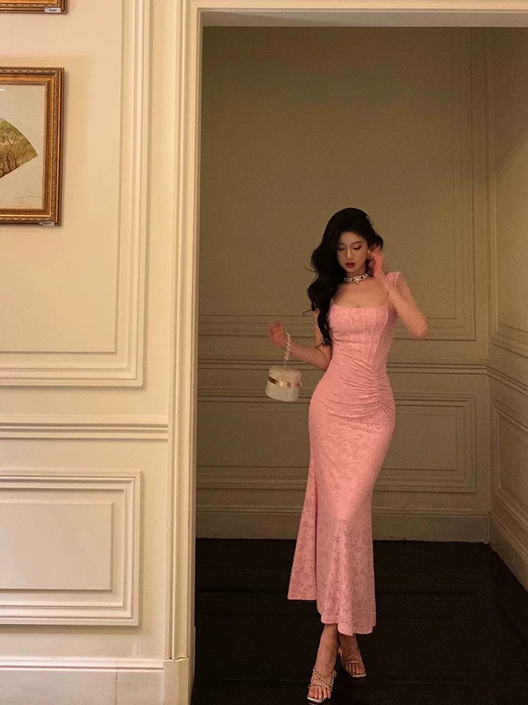 Sexy Sheath Square Neckline Pink Lace Prom Dresses Birthday Outfits
