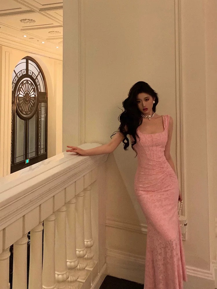 Sexy Sheath Square Neckline Pink Lace Prom Dresses Birthday Outfits