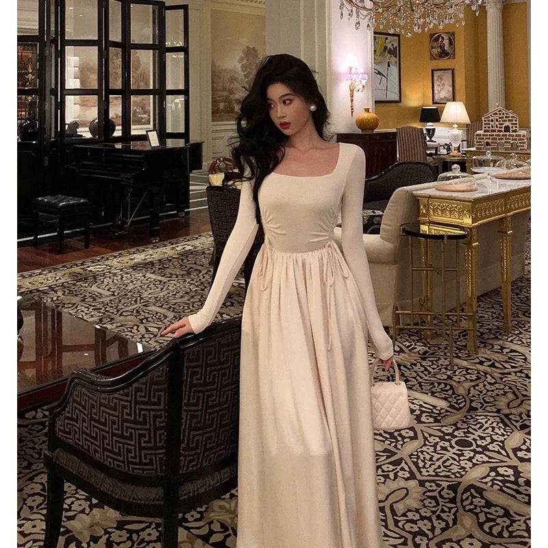 Simple A Line Square Neckline Long Sleeves Ankle Length Prom Dresses Birthday Outfits