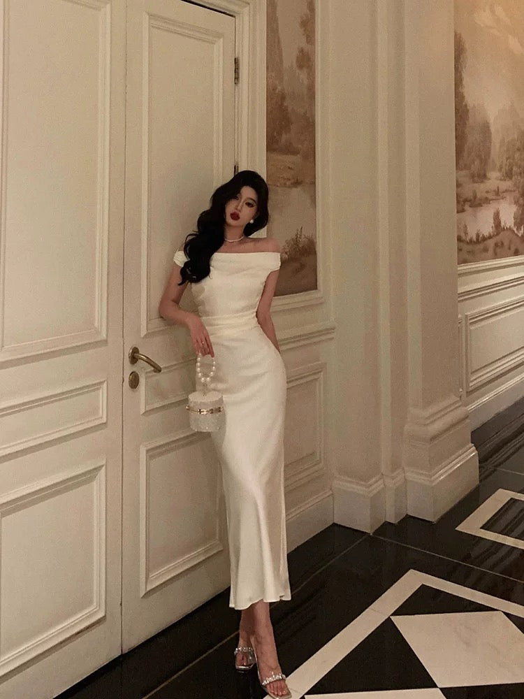 Simple Sheath Off The Shoulder White Satin Date Night Dress Prom Dresses Birthday Outfit