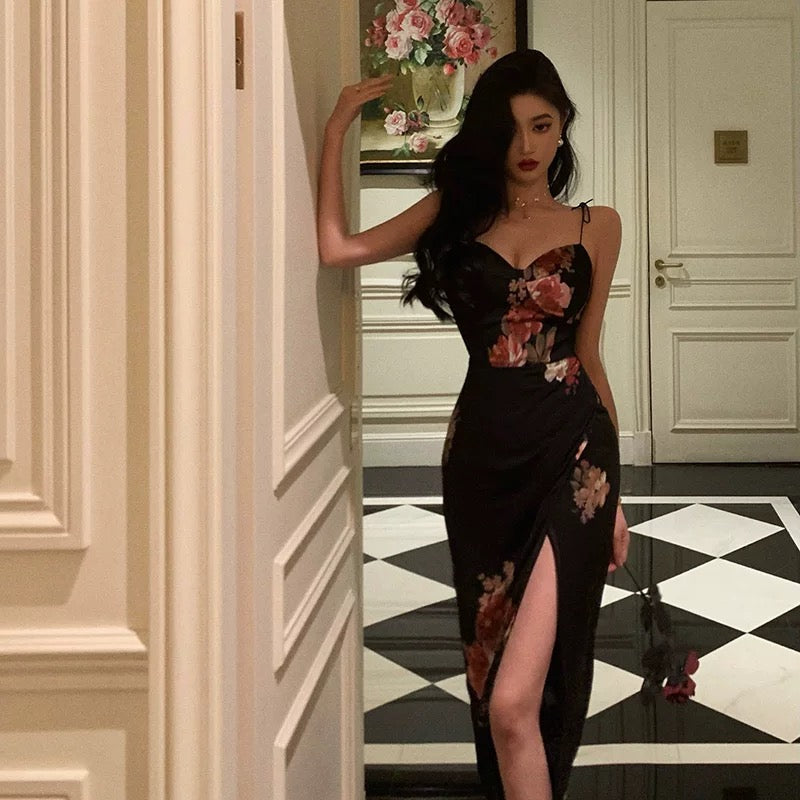 Sexy Sheath Spaghetti Straps Black Floral Slit Prom Dresses Birthday Outfits