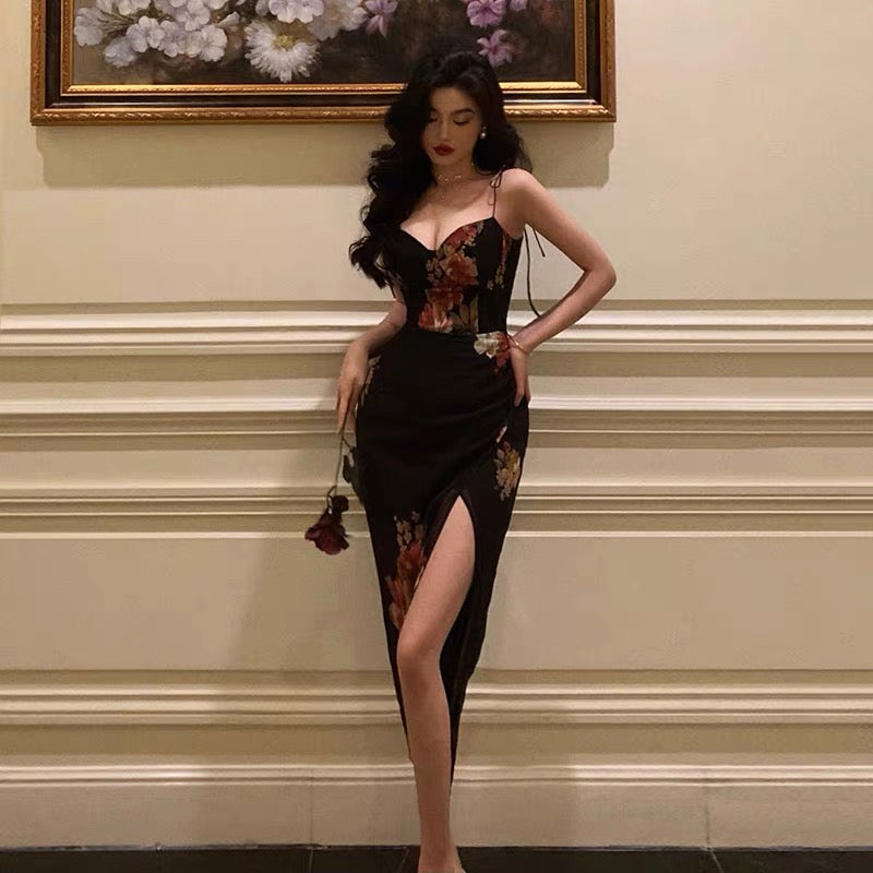 Sexy Sheath Spaghetti Straps Black Floral Slit Prom Dresses Birthday Outfits