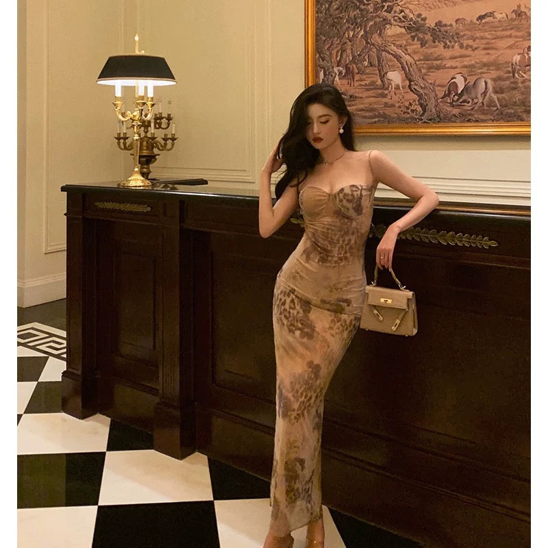 Sexy Sheath Spaghetti Straps Champagne Floral Prom Dresses Birthday Outfits