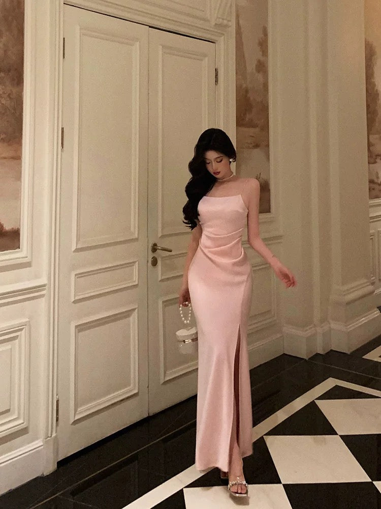 Gorgeous Sheath Spaghetti Straps Long Pink Slit Satin Date Night Dress Prom Dresses Birthday Outfit