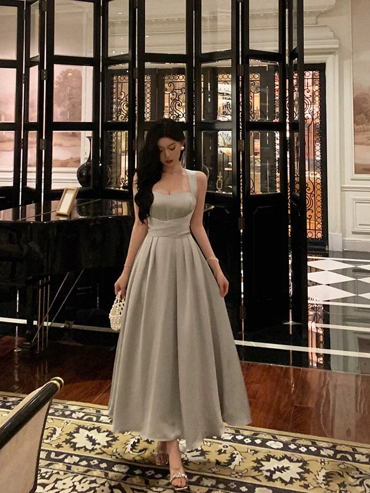 Gorgeous A line Straps Date Night Dress Dusty Gray Satin Prom Dresses Birthday Outfit