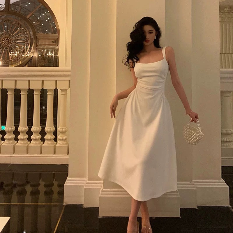 Simple A line Spaghetti Straps White Satin Date Night Dress Prom Dresses Birthday Outfit