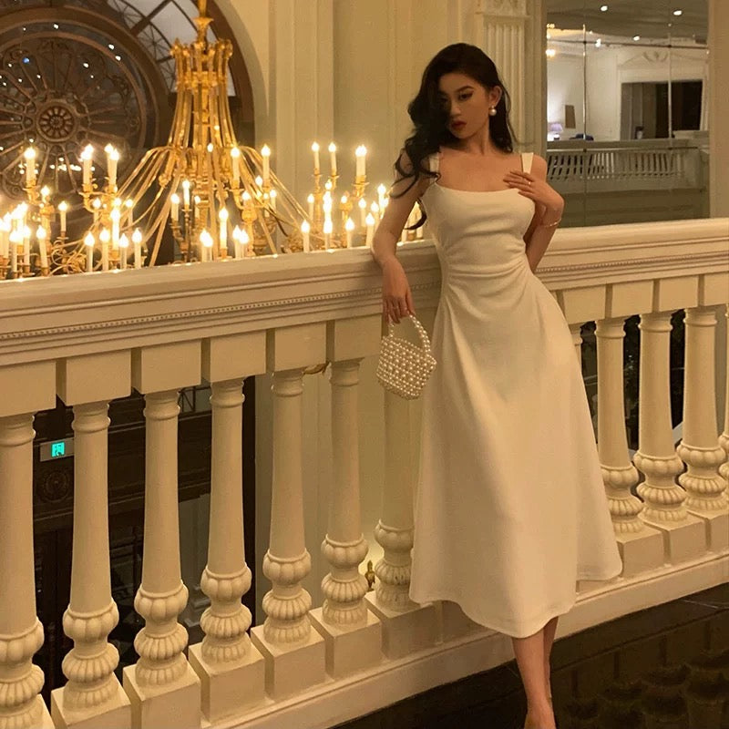 Simple A line Spaghetti Straps White Satin Date Night Dress Prom Dresses Birthday Outfit