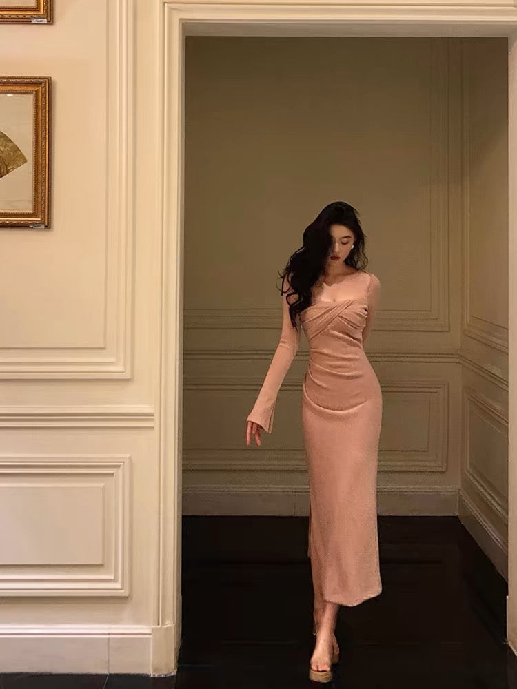 Classy Sheath Square Neckline Long Sleeves Pink Prom Dresses Birthday Outfits