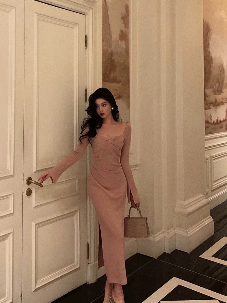 Classy Sheath Square Neckline Long Sleeves Pink Prom Dresses Birthday Outfits