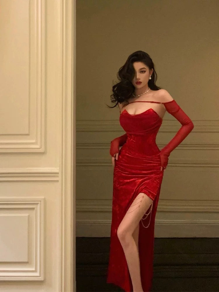 Sexy Sheath Strapless Red Velvet Date Night Dress Prom Dresses Birthday Outfit