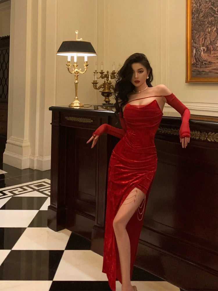 Sexy Sheath Strapless Red Velvet Date Night Dress Prom Dresses Birthday Outfit