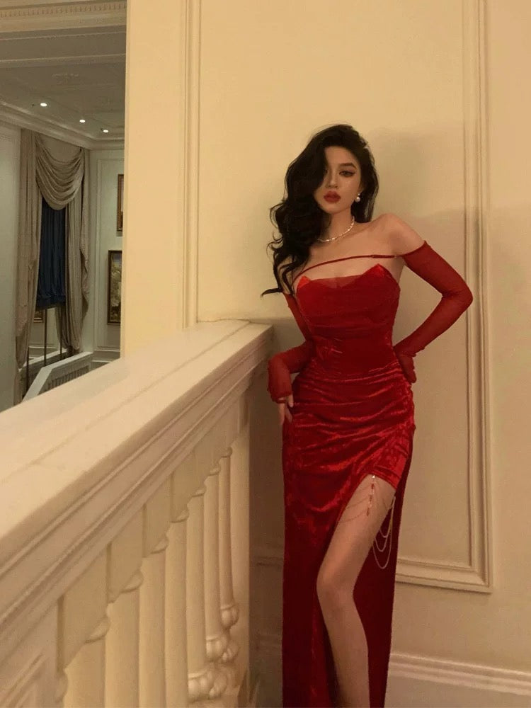 Sexy Sheath Strapless Red Velvet Date Night Dress Prom Dresses Birthday Outfit