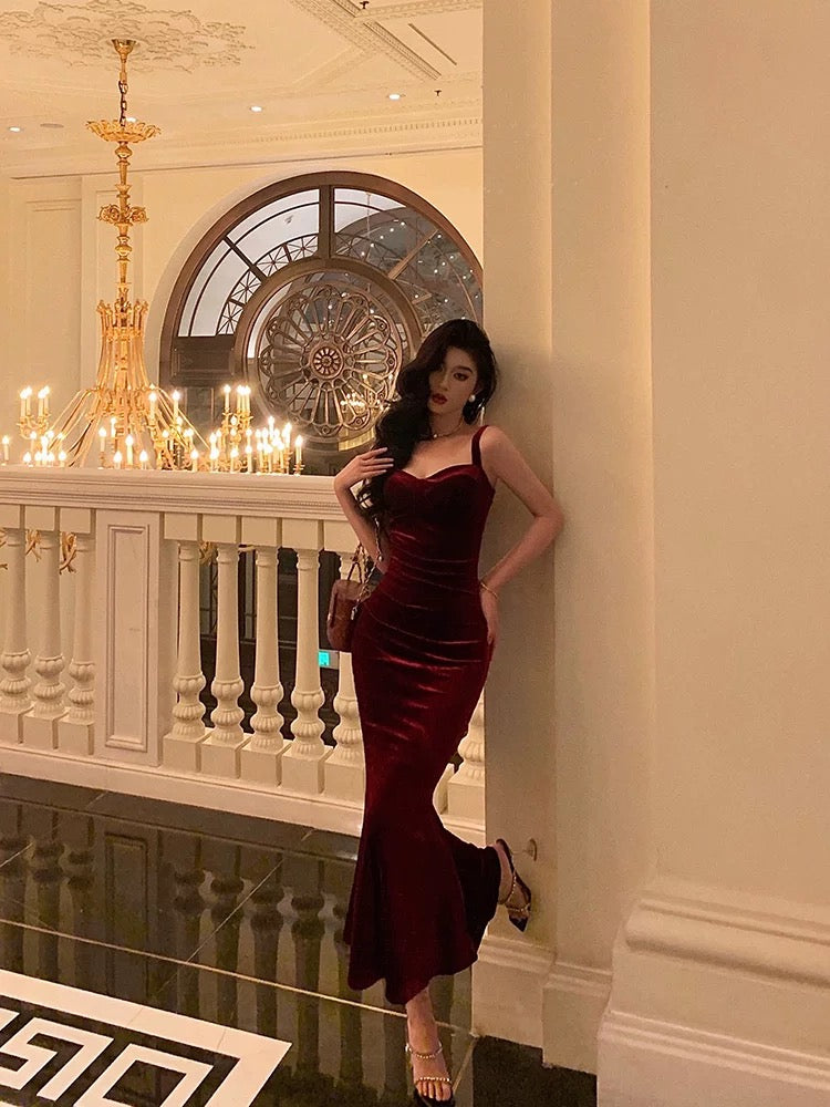 Sexy Sheath Square Neckline Burgundy Velvet Date Night Dress Prom Dresses Birthday Outfits