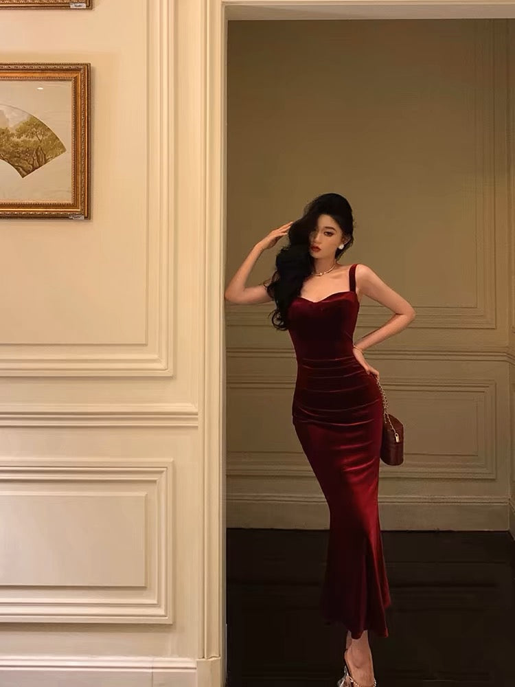 Sexy Sheath Square Neckline Burgundy Velvet Date Night Dress Prom Dresses Birthday Outfits