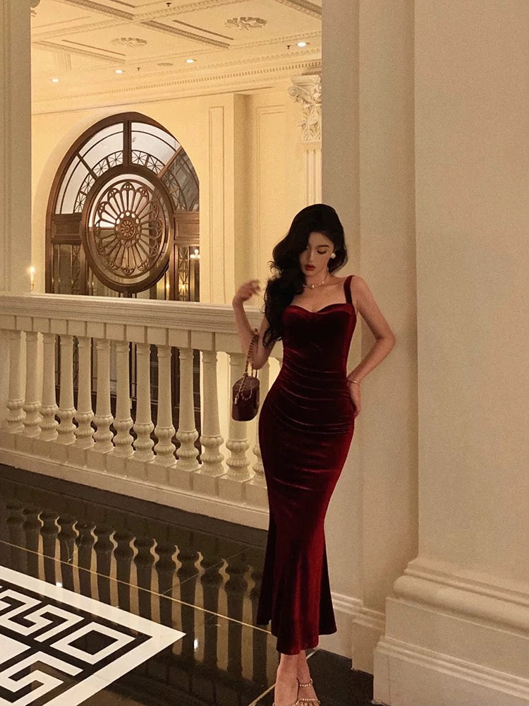 Sexy Sheath Square Neckline Burgundy Velvet Date Night Dress Prom Dresses Birthday Outfits