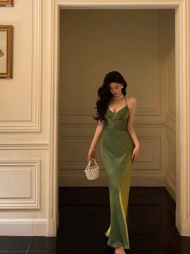 Sexy Sheath Halter Green Satin Date Night Dress Prom Dresses Birthday Outfits