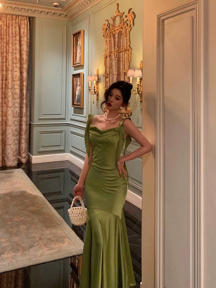 Classy Mermaid Straps Green Satin Prom Dresses Birthday Outfits